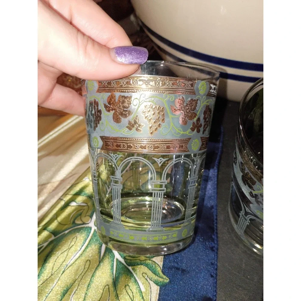 Golden Grapes 22k Gold Vines, Roman Arches Barware Tumblers X8